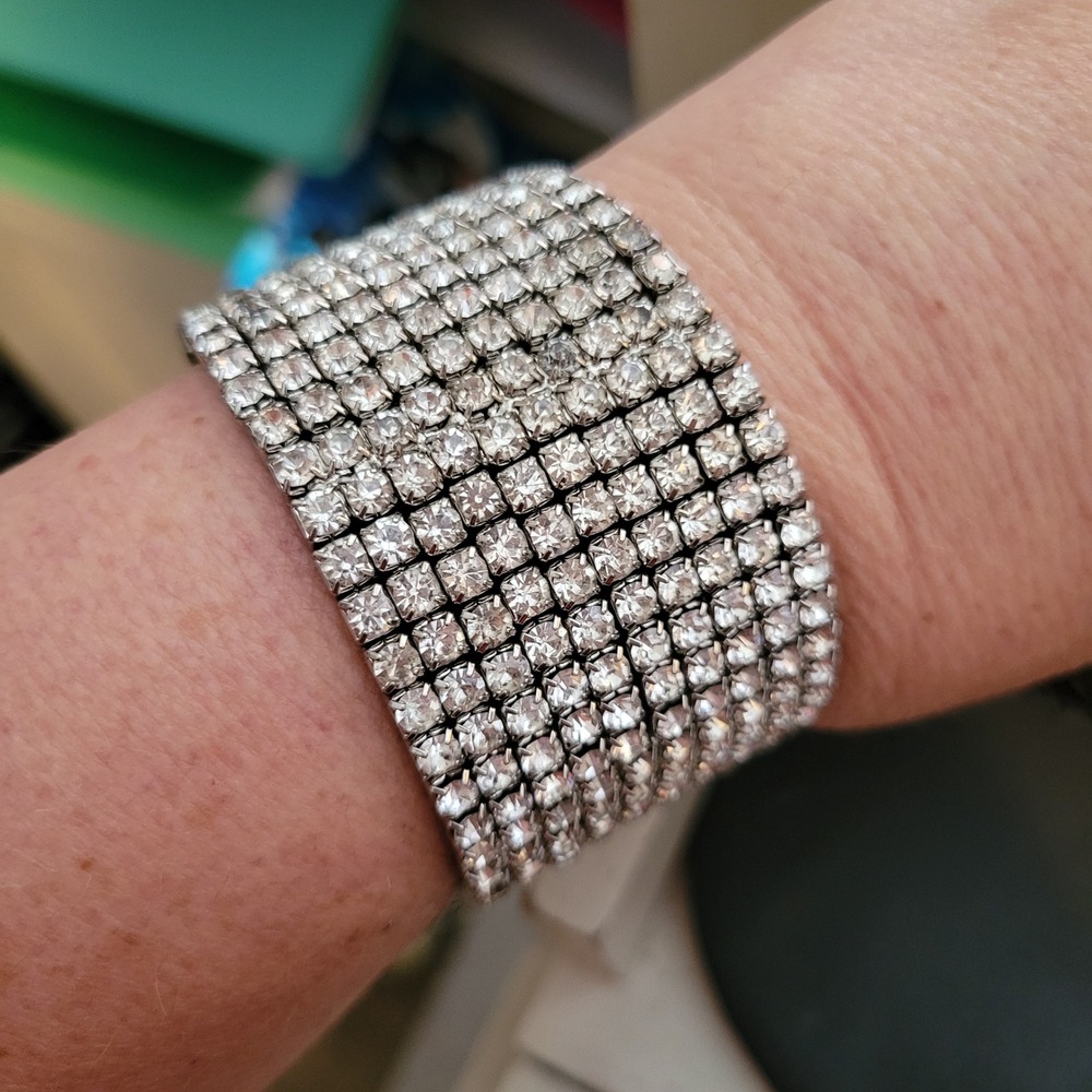 Vintage Clear Rhinestone 10 Row Wide Cuff Bracelet Silver Tone Statement Jewelry